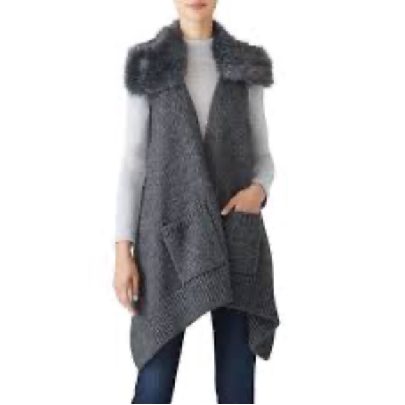 KaufmanFranco Carbon Gray Wool Alpaca Knit Sleeveless Faux Fur Collar Ve… - Picture 1 of 5